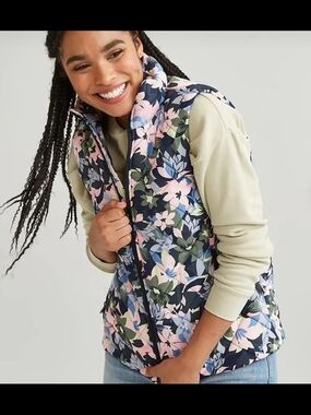 Vera Bradley Navy Floral Quilted Puffer Vest with Pink Accents